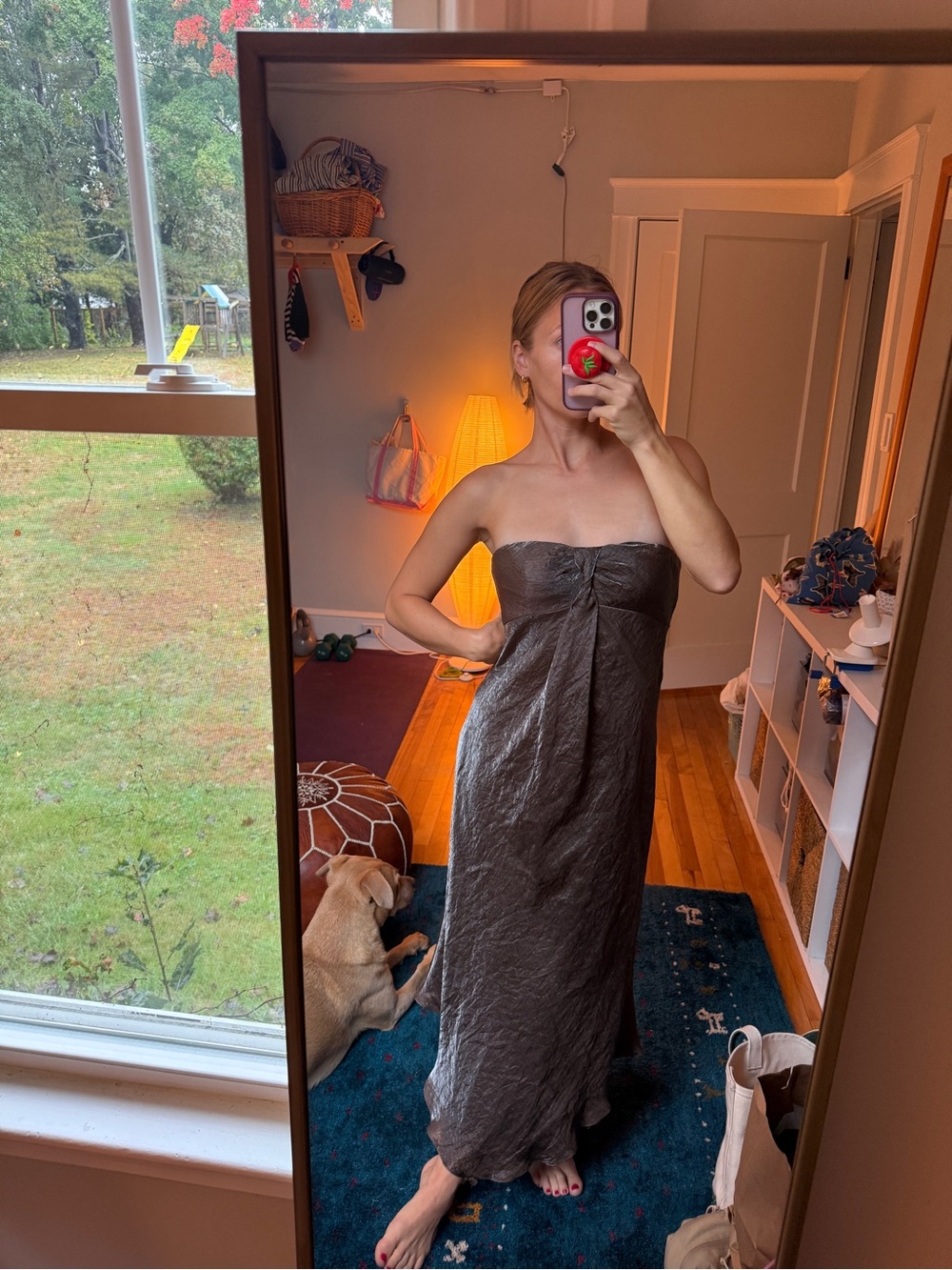 Adrianna Papell Strapless Metallic Charcoal Gown